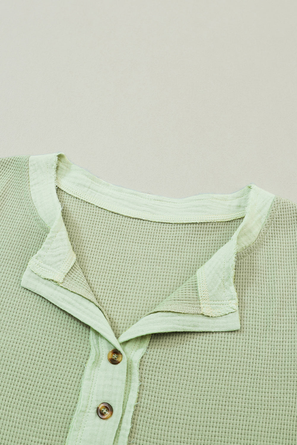 Beige Waffle Textured Long Sleeve Henley Top