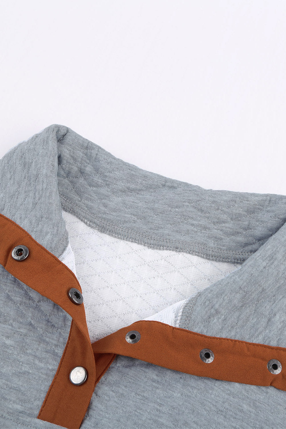 Grey Stand Collar Brown Quilted Snap Button Sweatshirt