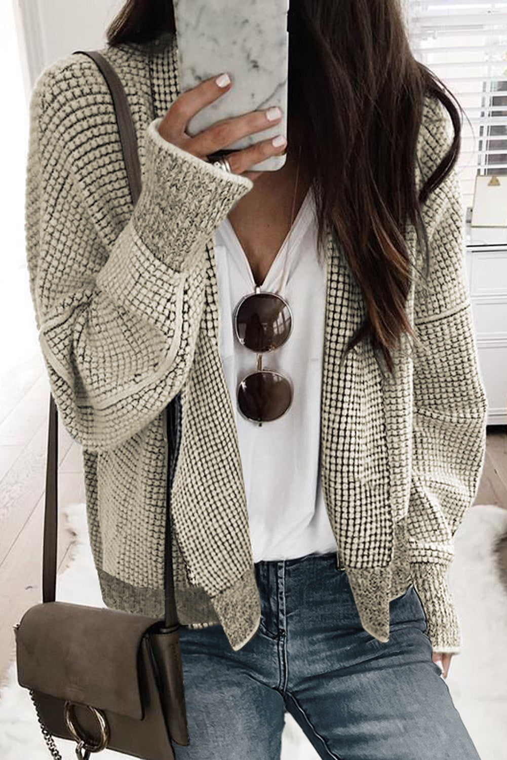 Grey Gingham Contrast Trim Open Front Cardigan