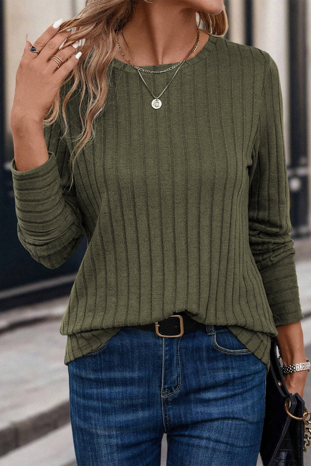 Duffel Green Solid Color Ribbed Knit Long Sleeve Top