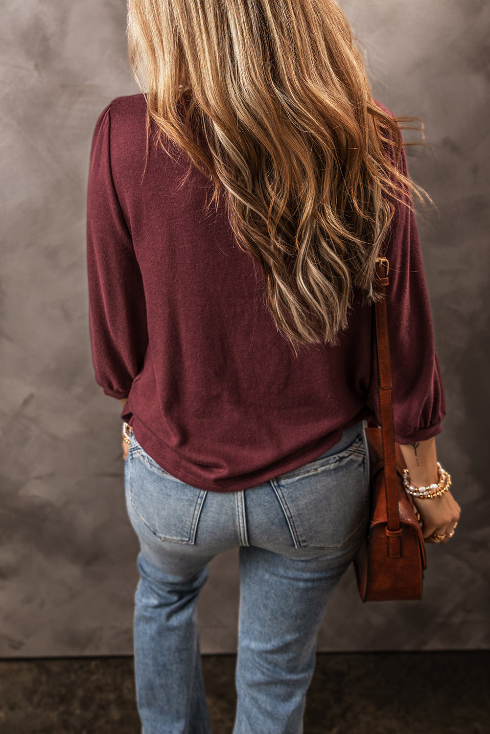 Black Plain 3/4 Puff Sleeve Round Neck Top