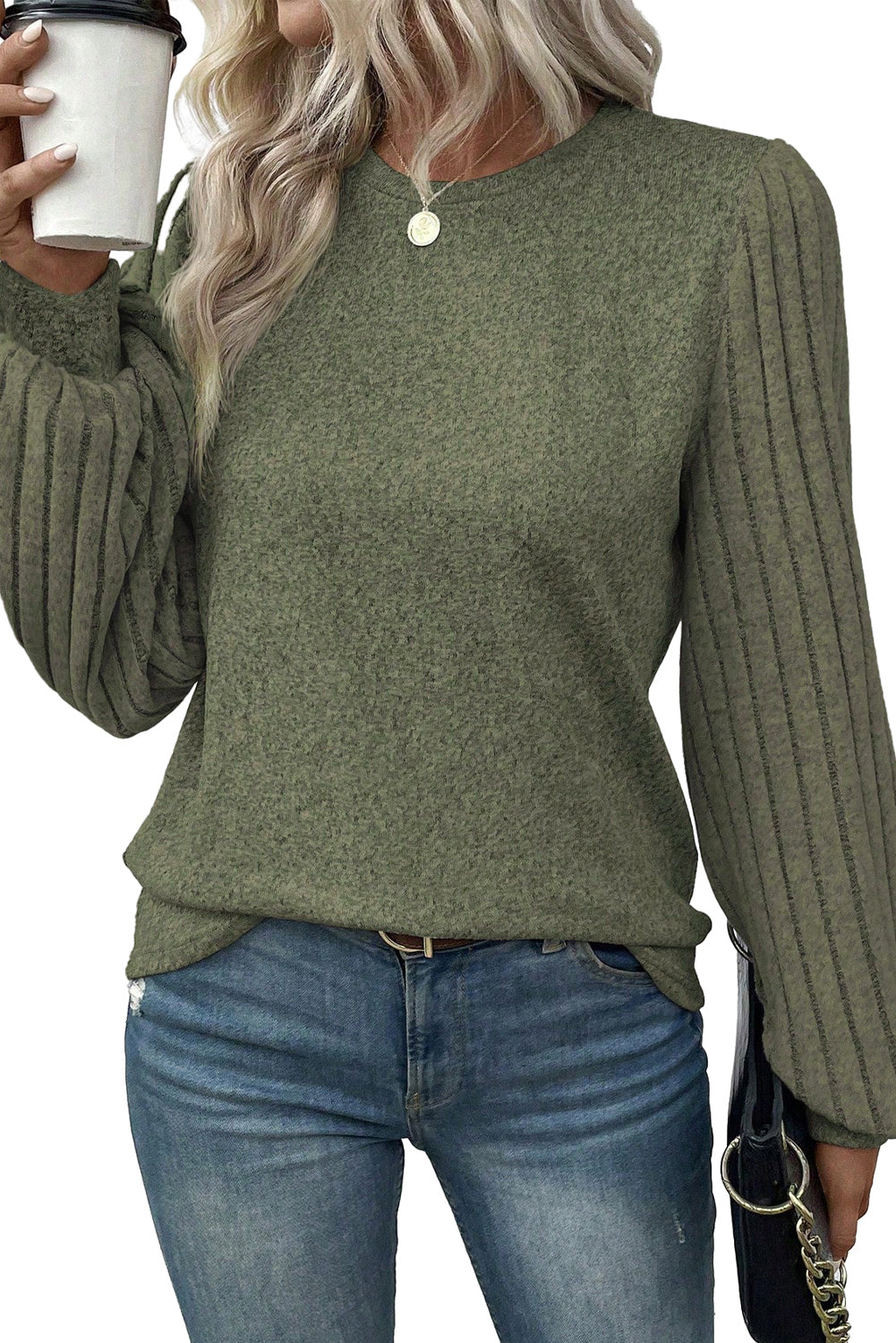 Gray Solid Color Contrast Ribbed Bishop Sleeve Top