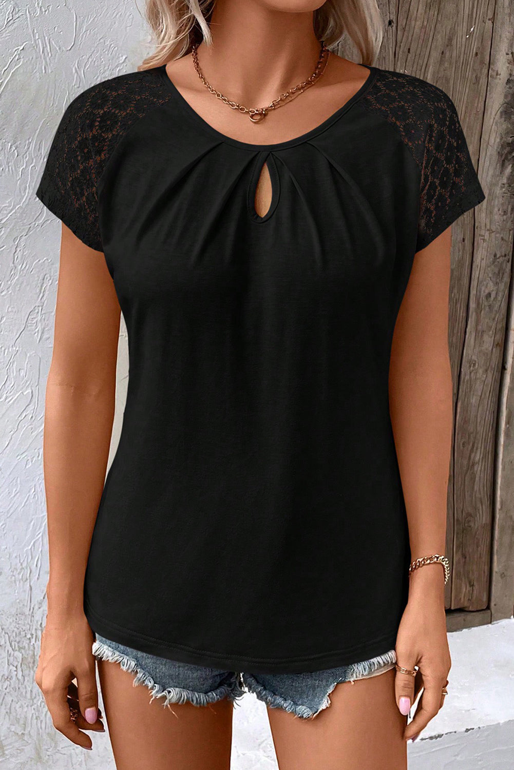 Black Lace Sleeve Keyhole Smocked Detail Shirt