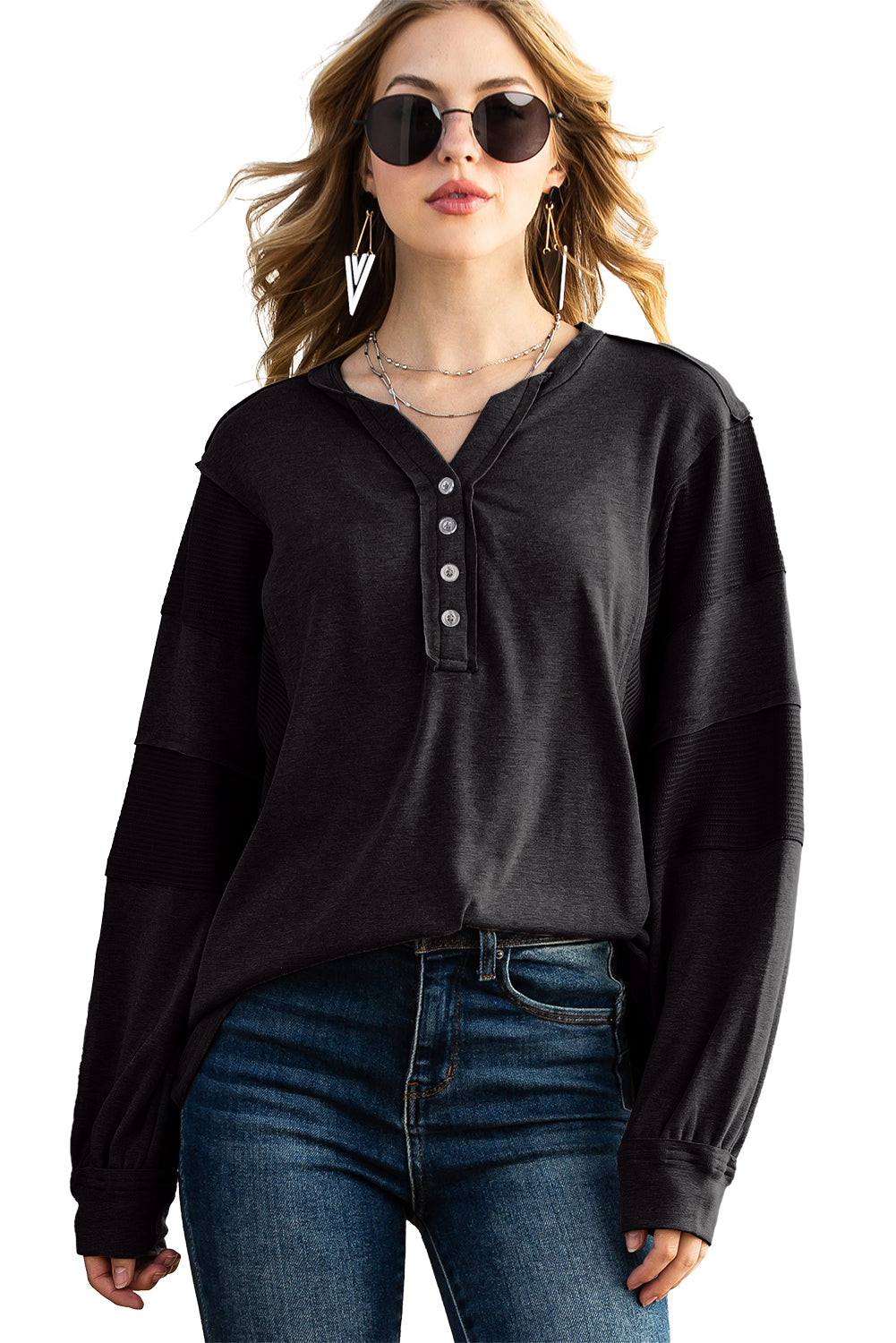 Gray Waffle Patchwork Dolman Sleeve Henley Top