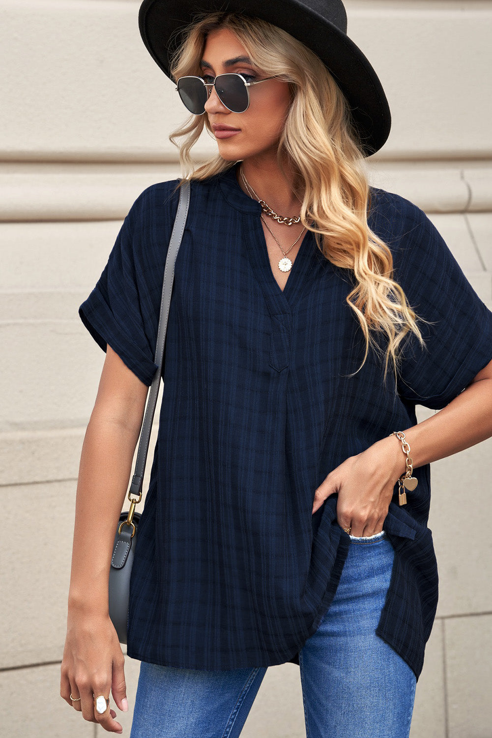 White Striped Print Casual Back Pleated Side Split Blouse