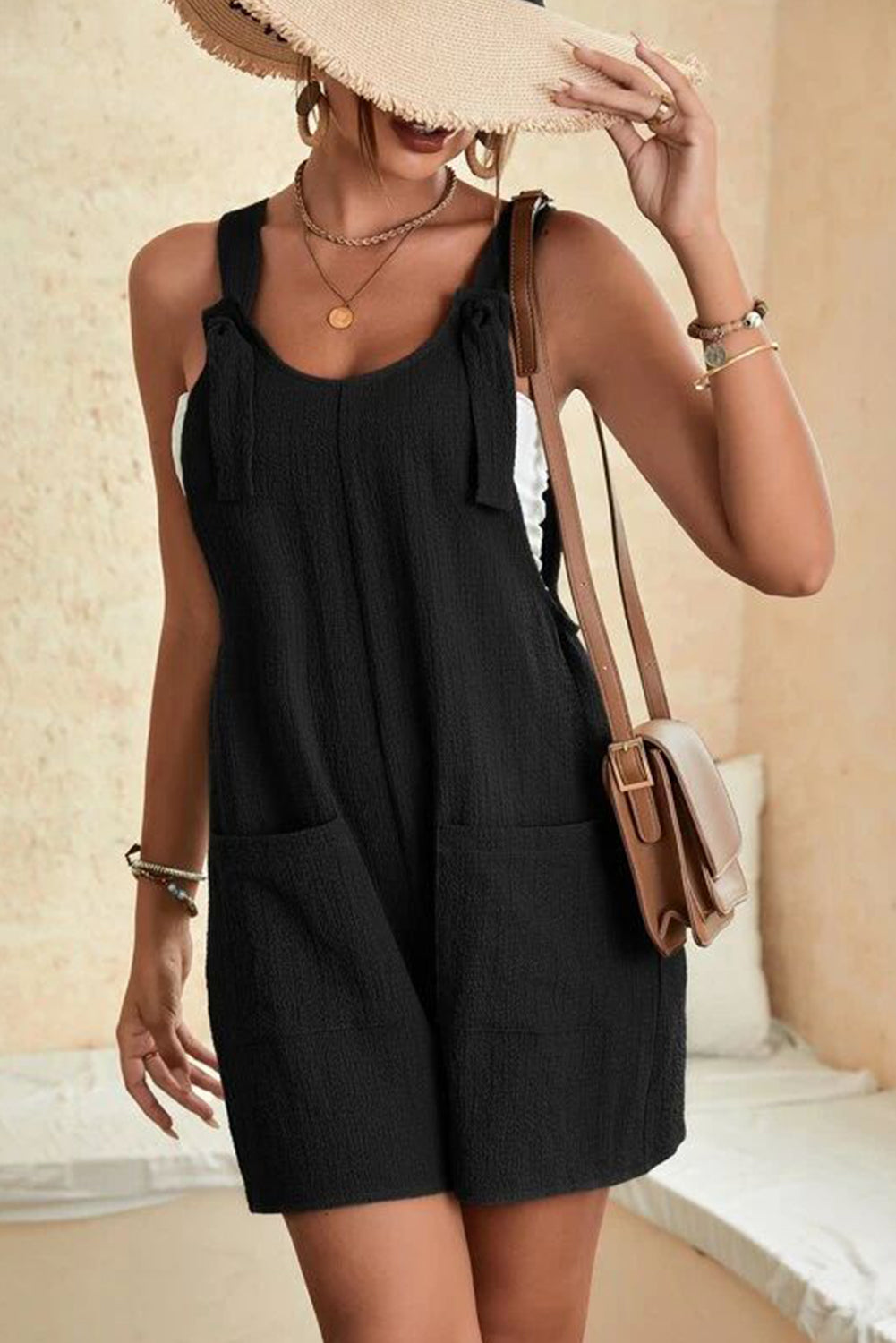 Brown Shoulder Strap Pocket Textured Romper