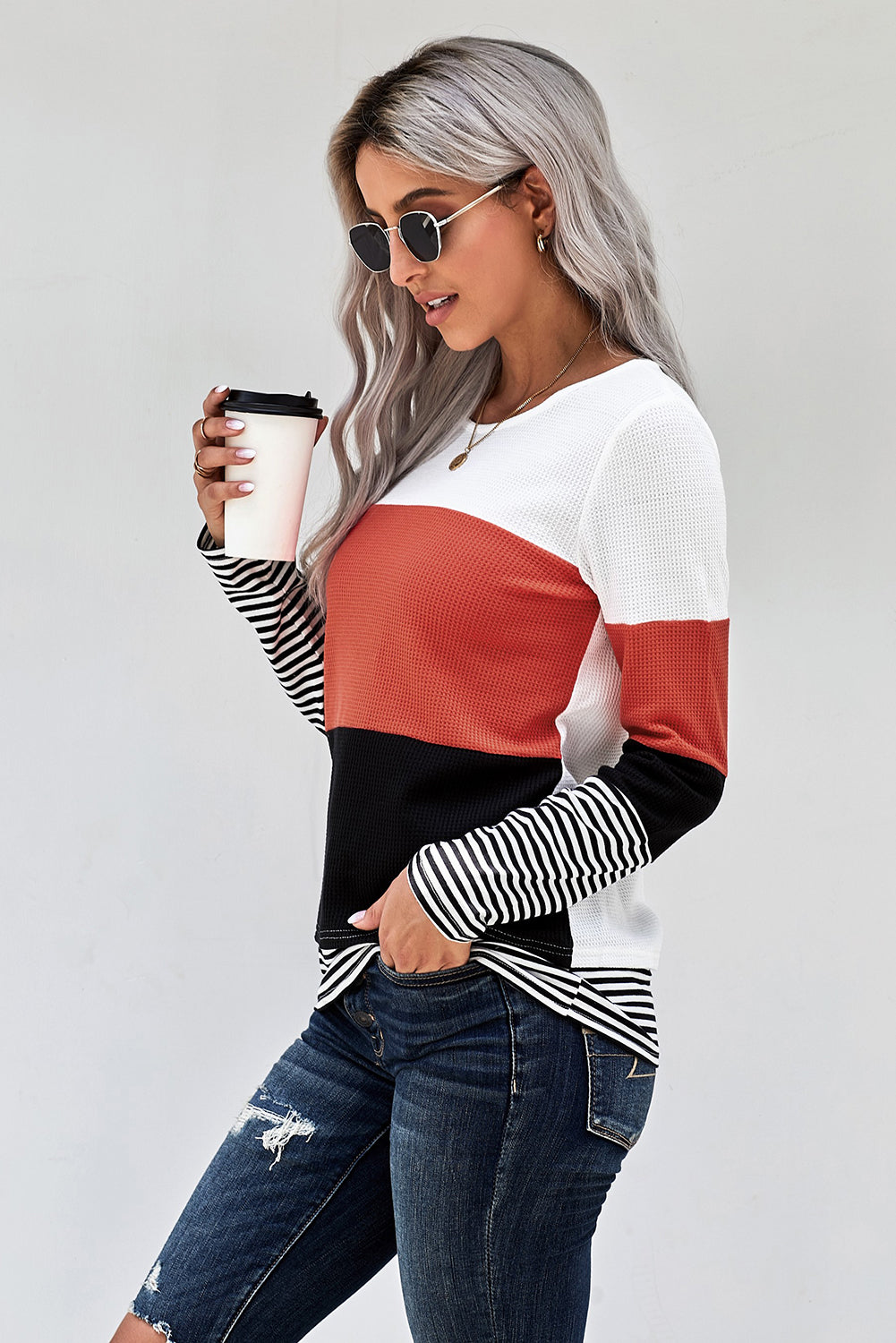 Color Block Stripes Trim Patchwork Casual Textured Long Sleeve Top