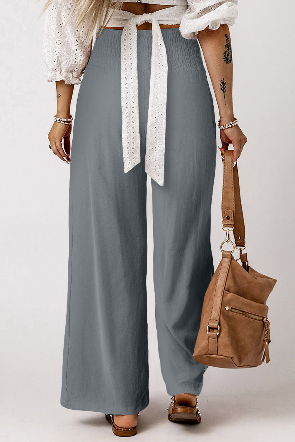 Khaki Smocked Wide Waistband High Waist Wide Leg Pants