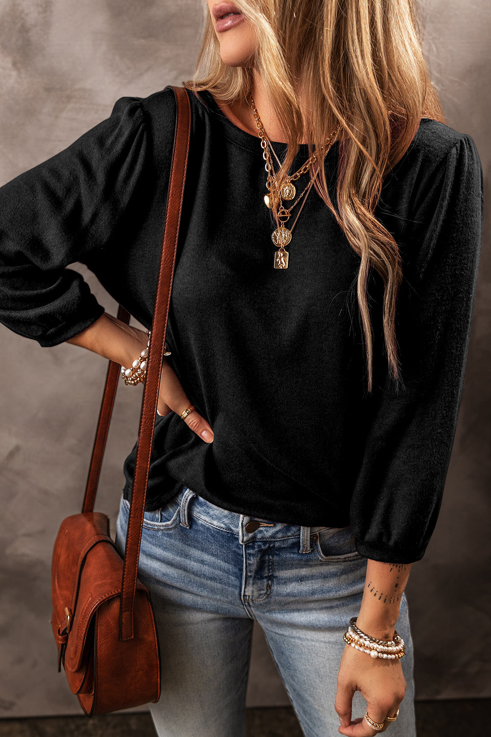 Black Plain 3/4 Puff Sleeve Round Neck Top