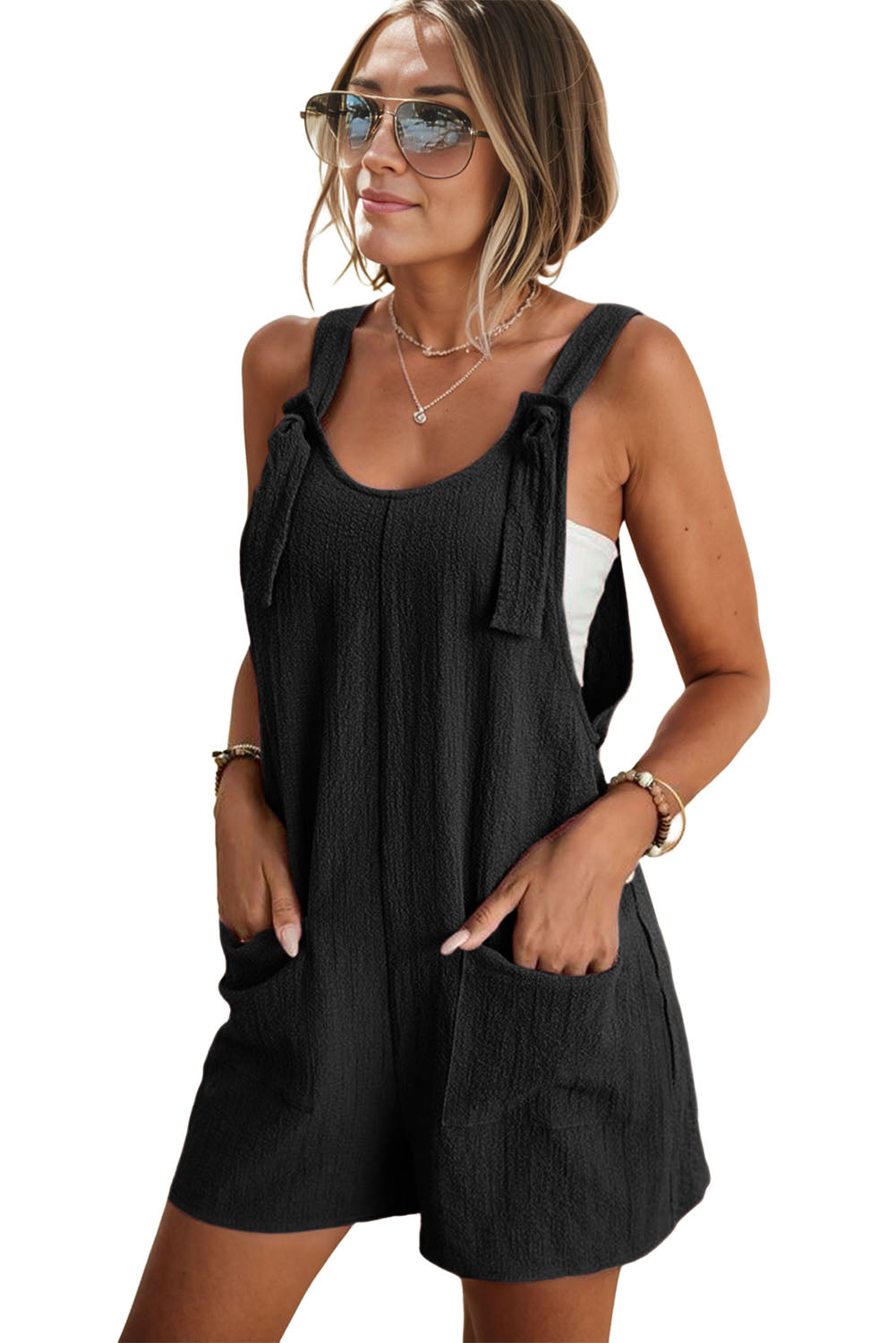 Brown Shoulder Strap Pocket Textured Romper