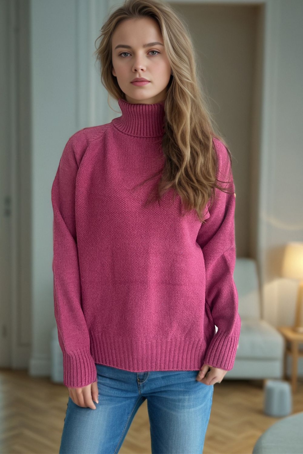 Ribbed Turtleneck Raglan Sleeve Sweater