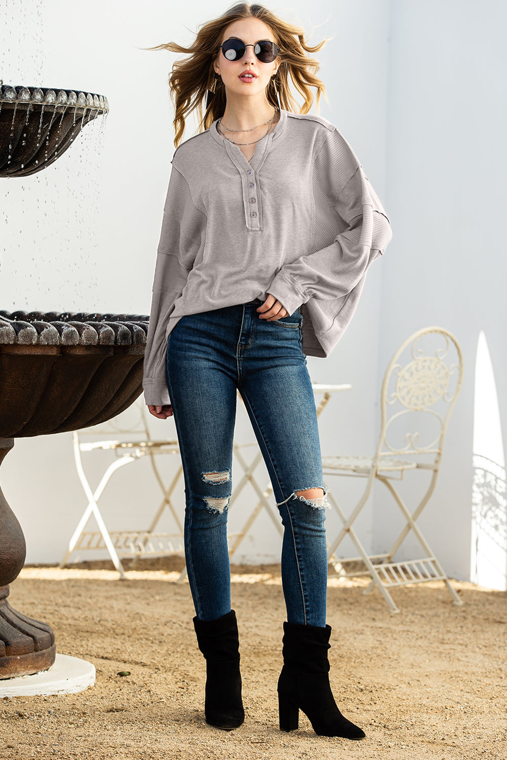 Gray Waffle Patchwork Dolman Sleeve Henley Top