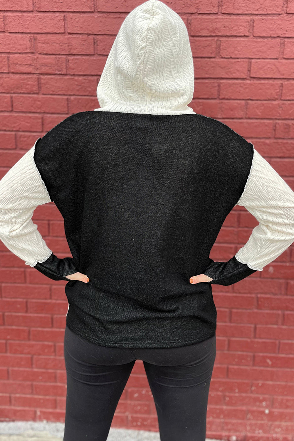 Black Textured Patchwork Kangaroo Pocket Henley Hoodie