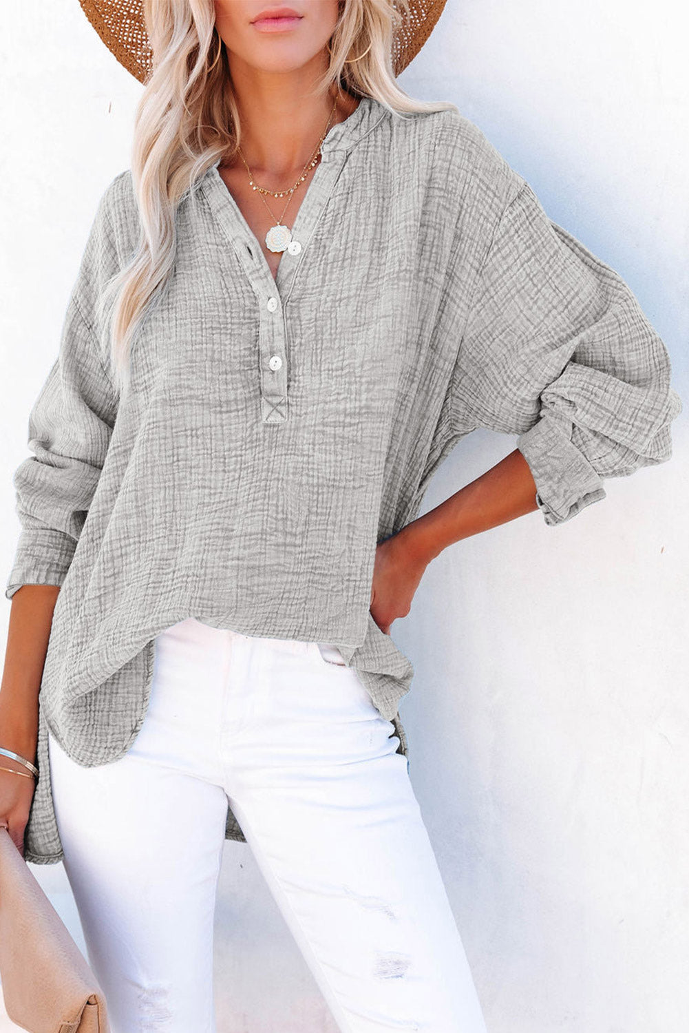 Gray Loose Crinkle Button V Neck Henley Top