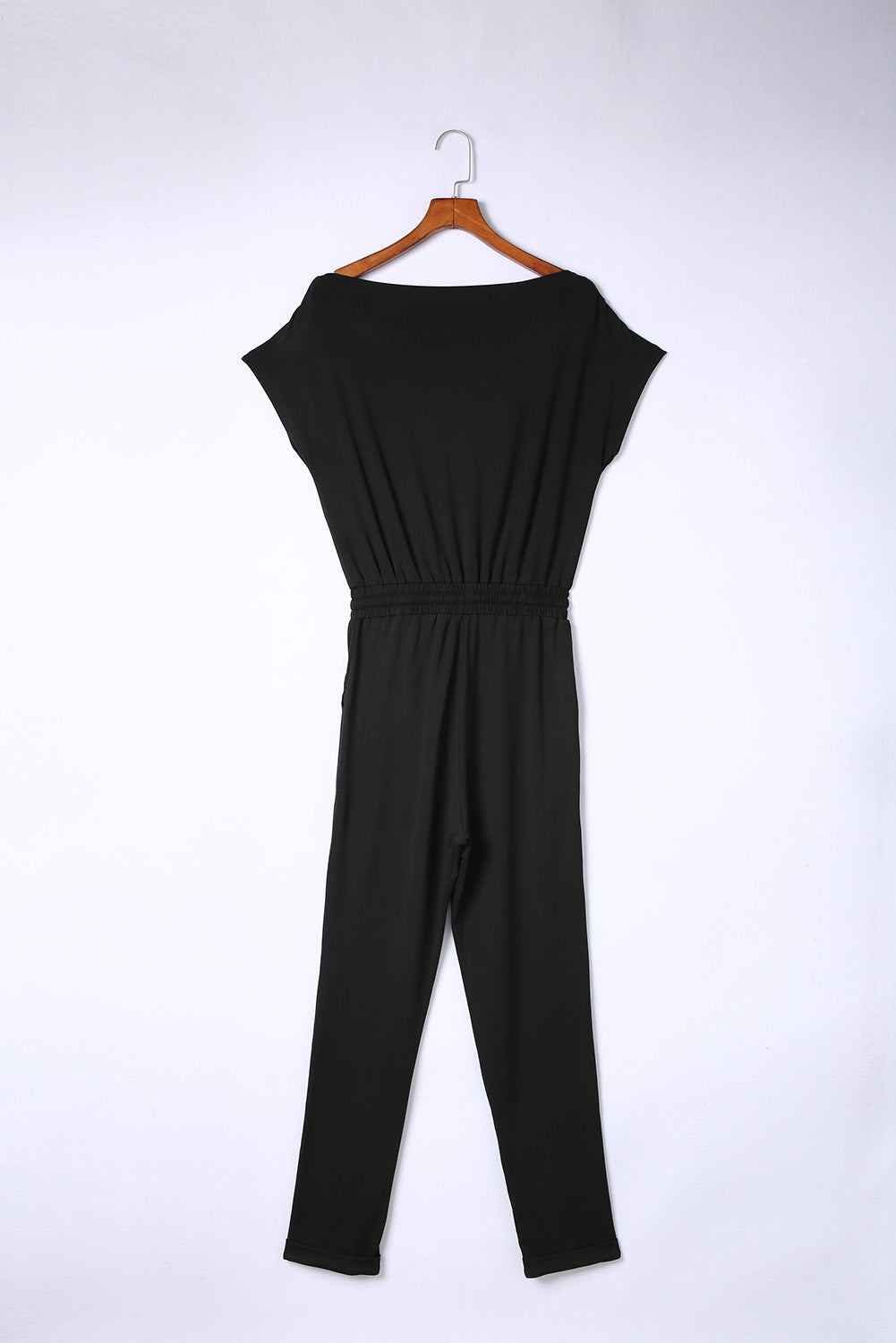 Black Tie Waist Off Shoulder Short Sleeve Tapered Jumpsuit