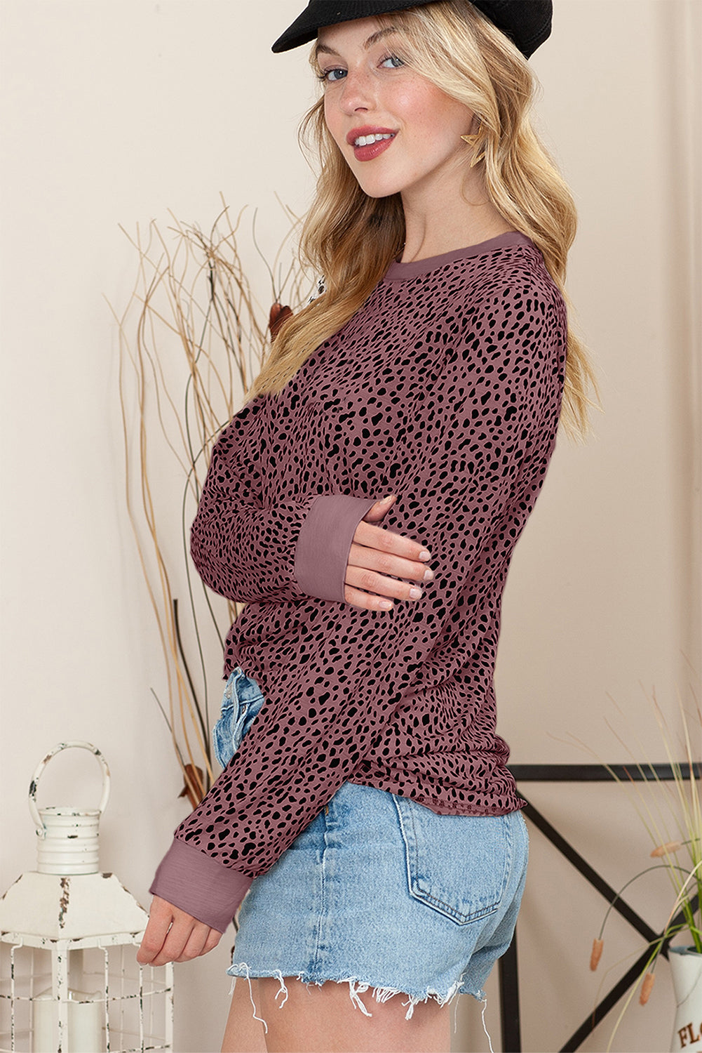 Red Animal Spotted Print Round Neck Long Sleeve Top