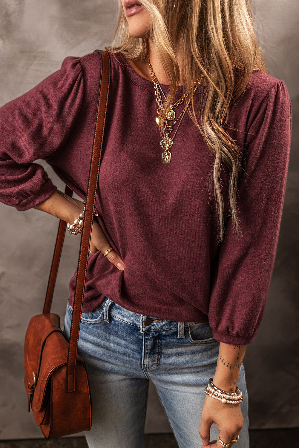 Black Plain 3/4 Puff Sleeve Round Neck Top