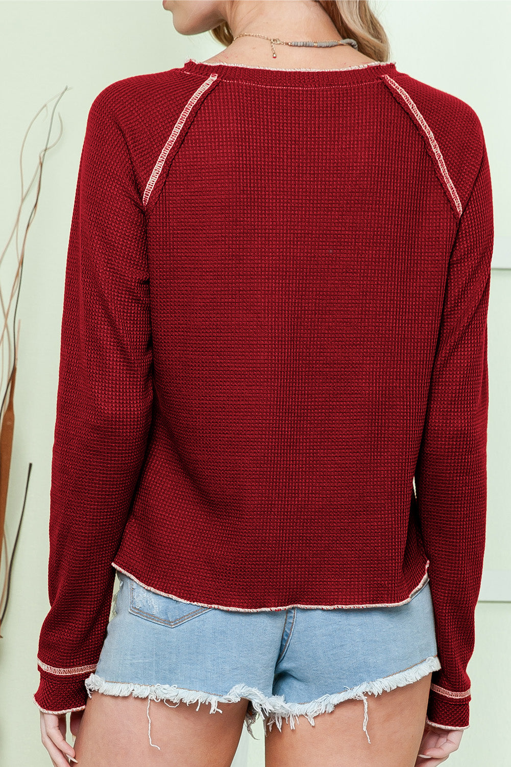 Blue Exposed Seam Textured Pullover Long Sleeve Top