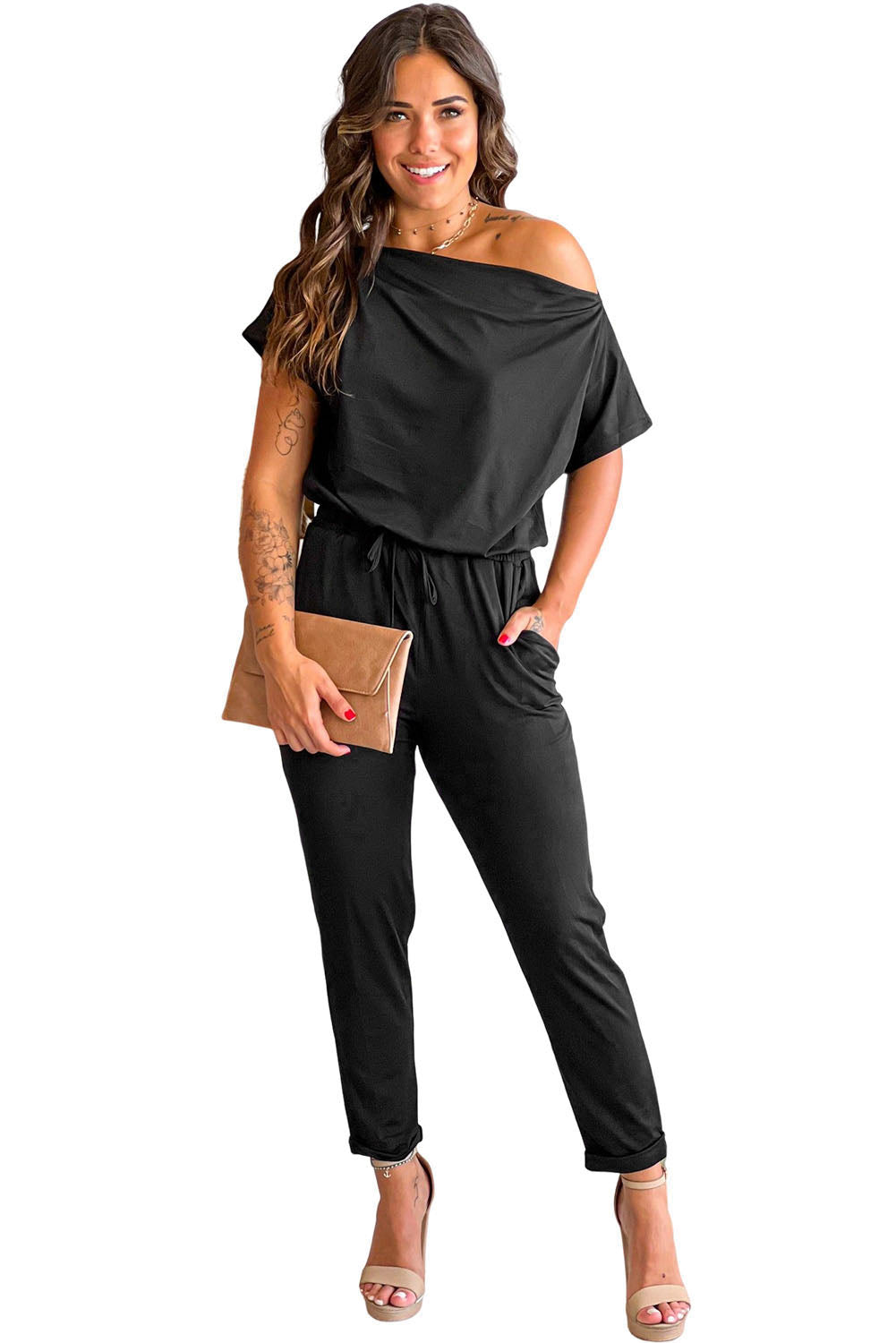 Black Tie Waist Off Shoulder Short Sleeve Tapered Jumpsuit