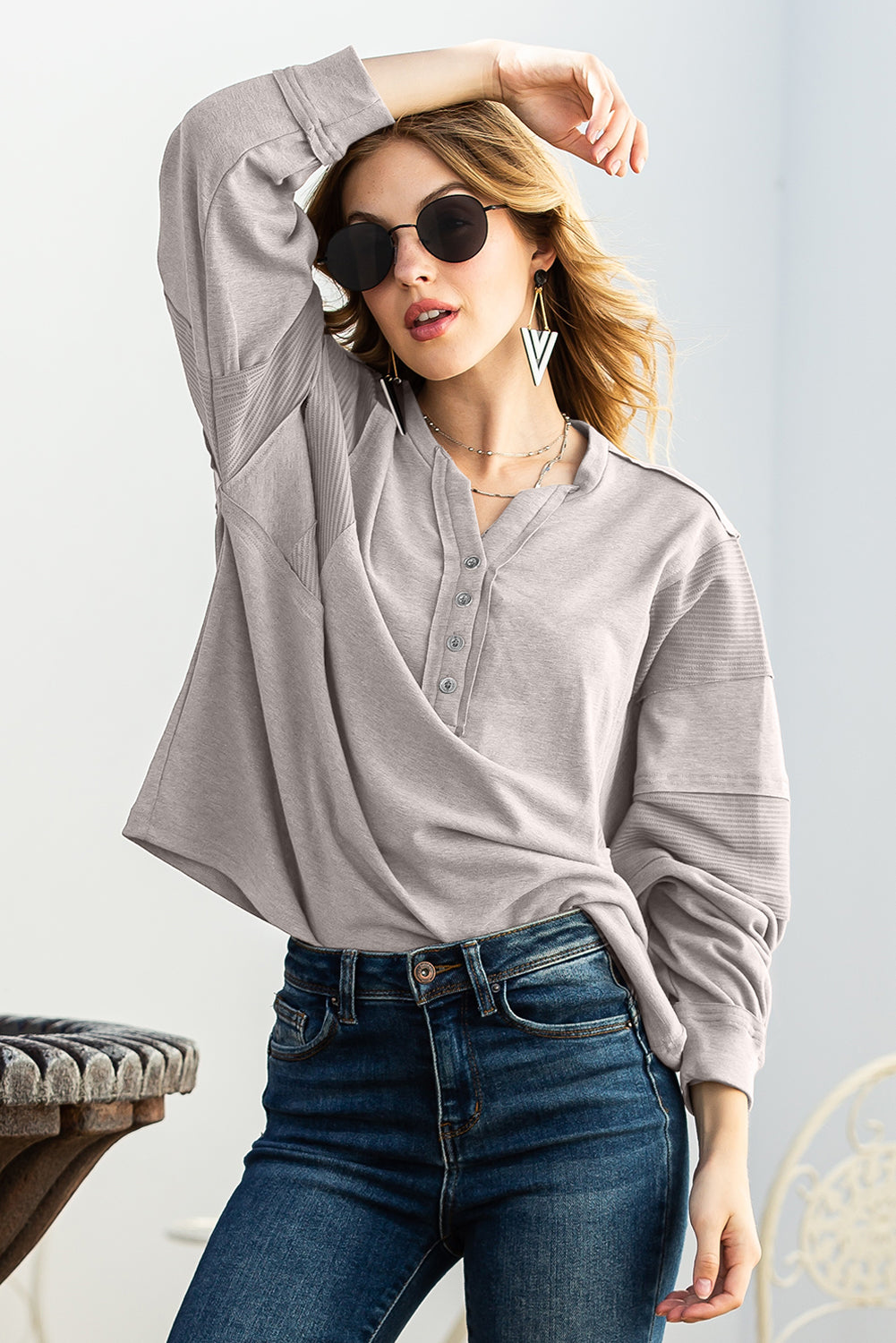 Gray Waffle Patchwork Dolman Sleeve Henley Top