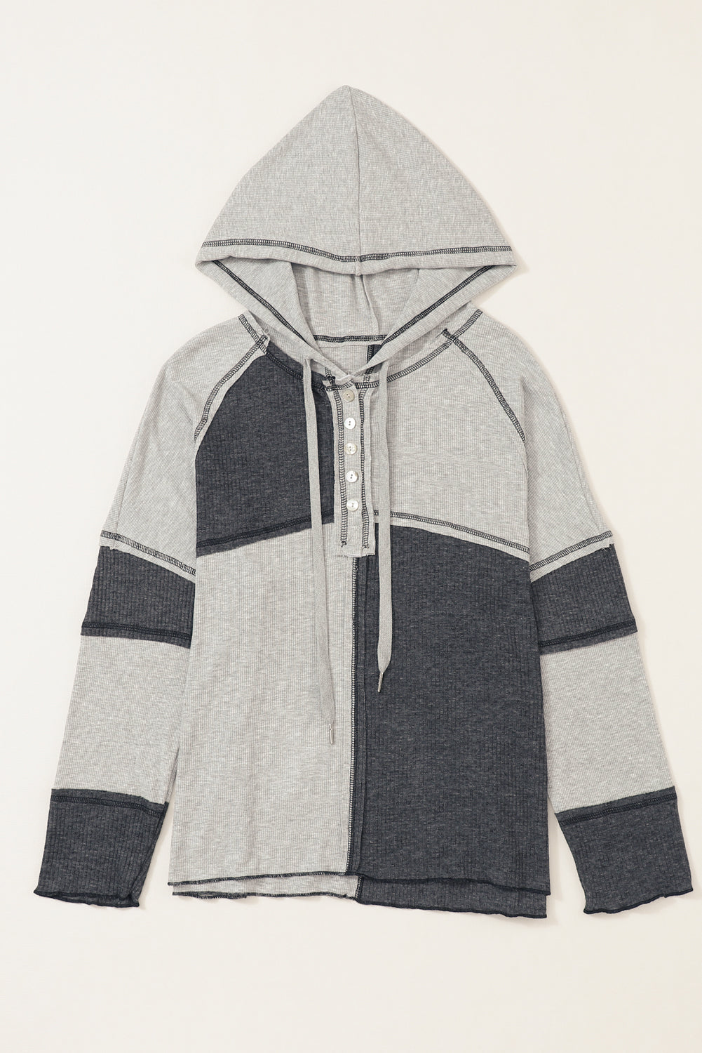 Gray Exposed Seam Ribbed Henley Hooded Long Sleeve Top