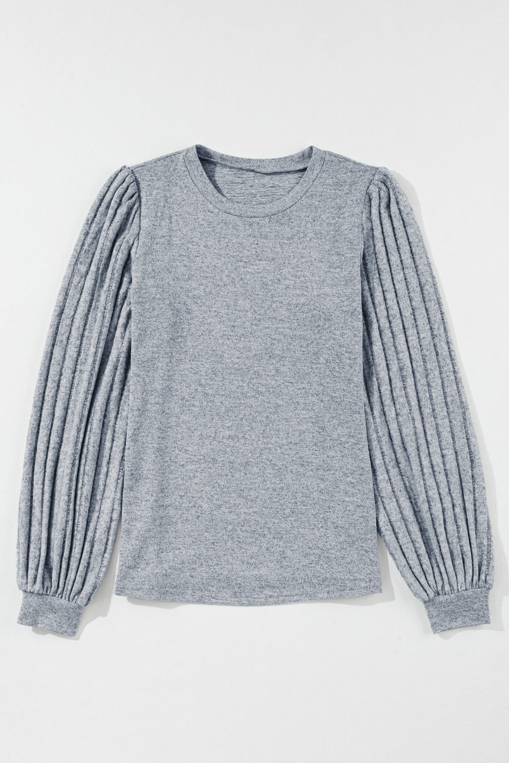 Gray Solid Color Contrast Ribbed Bishop Sleeve Top