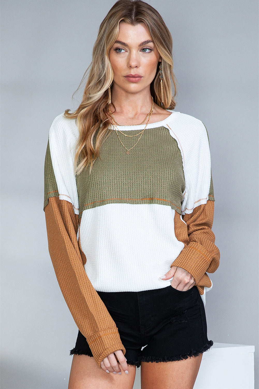 Green Waffle Knit Colorblock Patch Long Sleeve Top