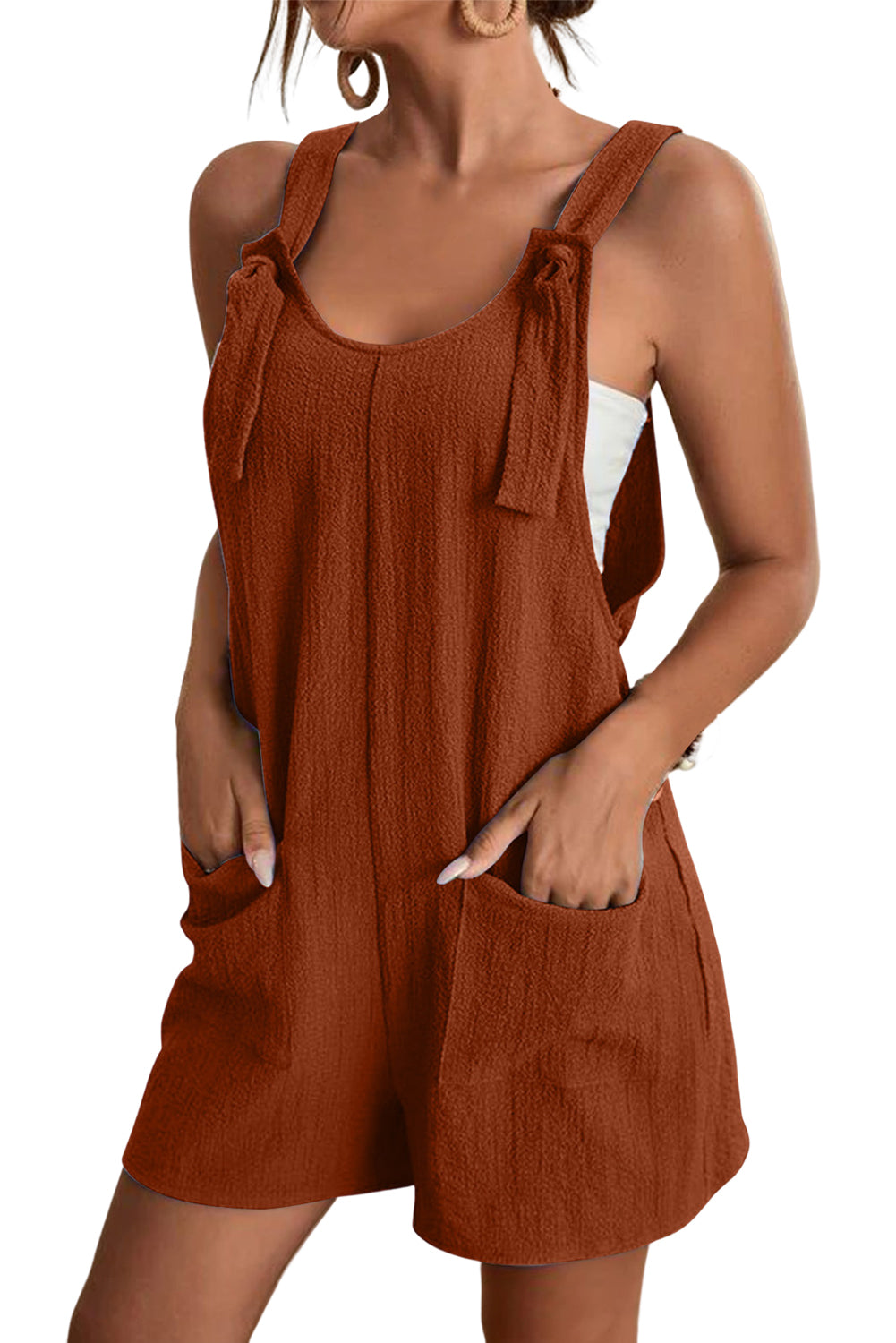 Brown Shoulder Strap Pocket Textured Romper