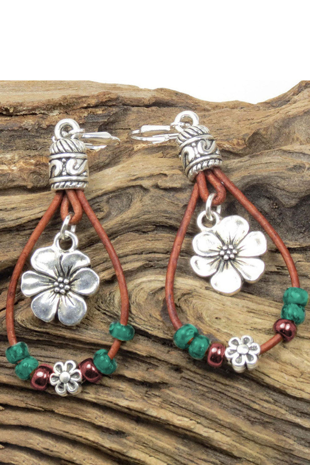 Silvery Leather Beaded Floral Dangle Earrings