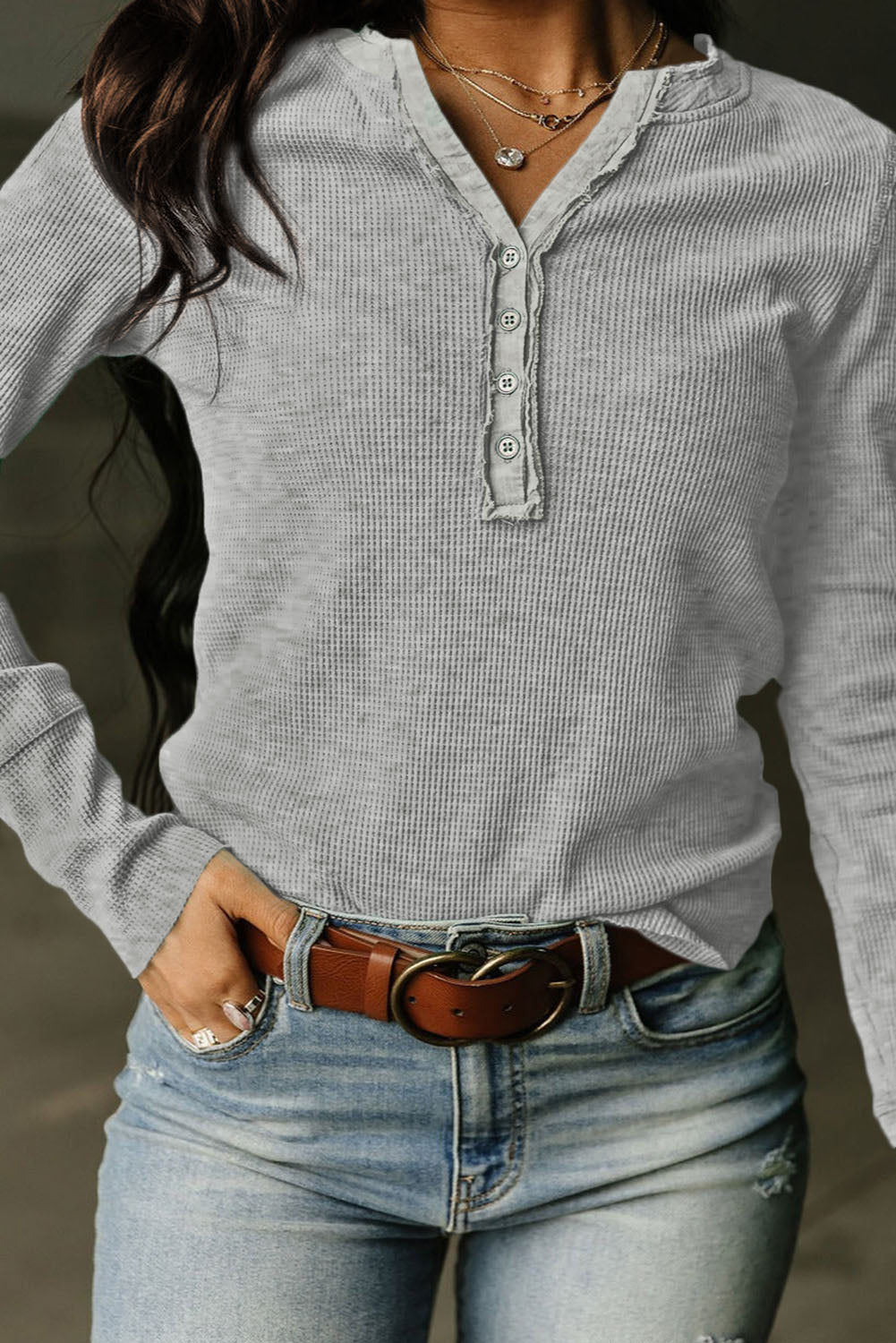 Gray Solid Color Waffle Knit Long Sleeve Henley Shirt