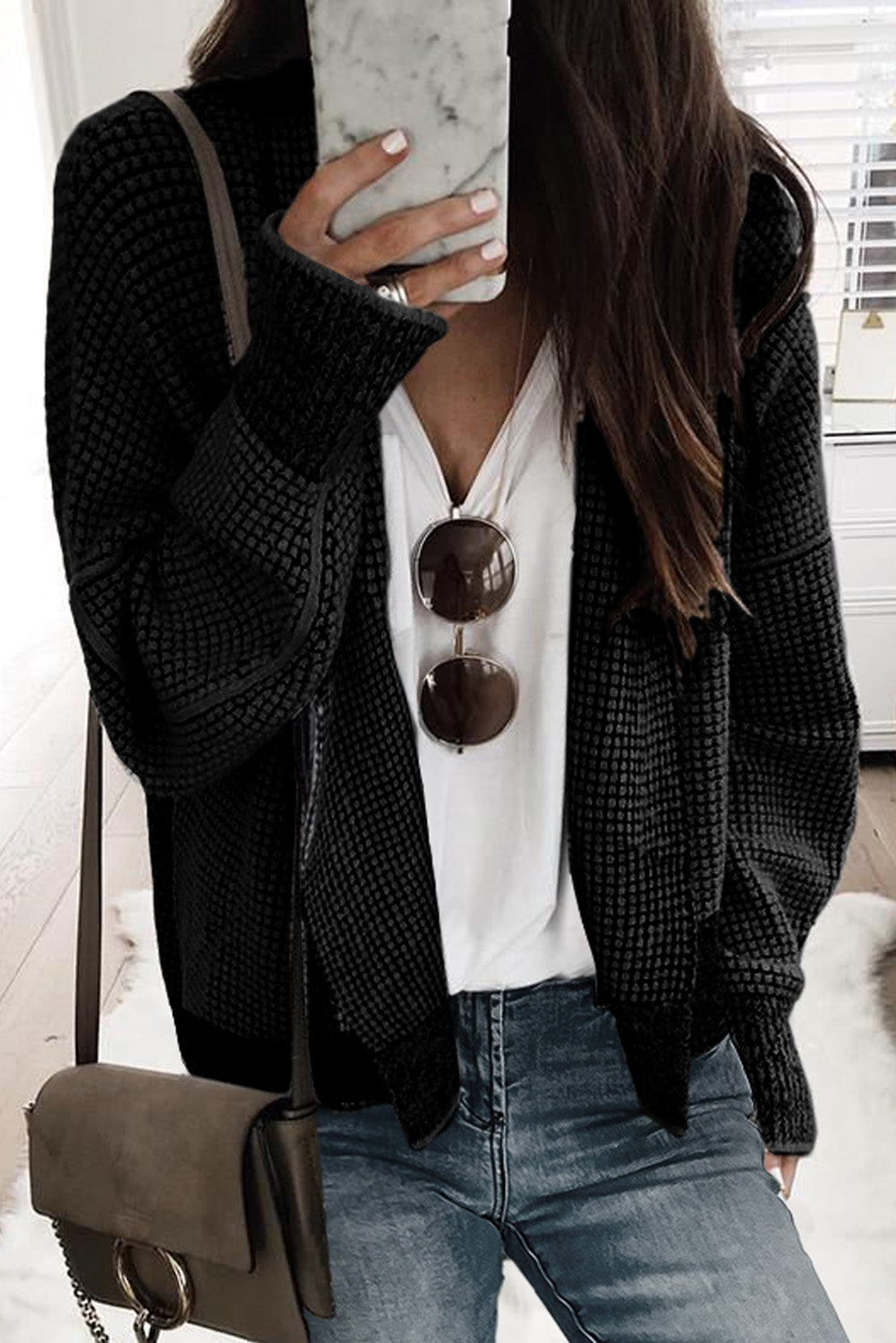 Grey Gingham Contrast Trim Open Front Cardigan