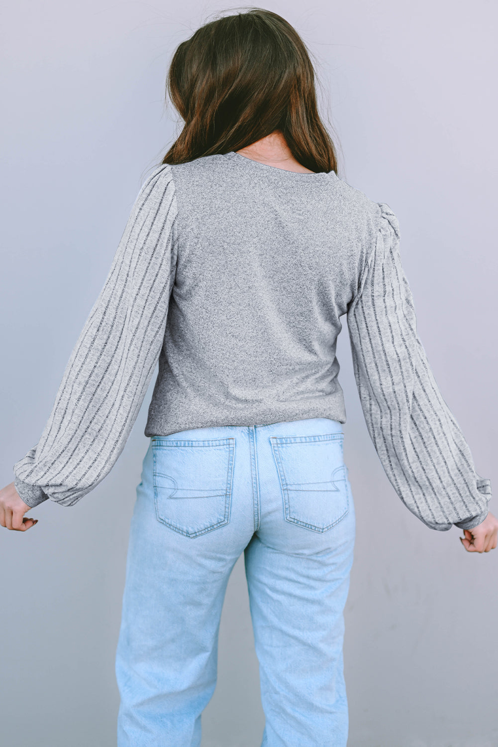 Gray Solid Color Contrast Ribbed Bishop Sleeve Top