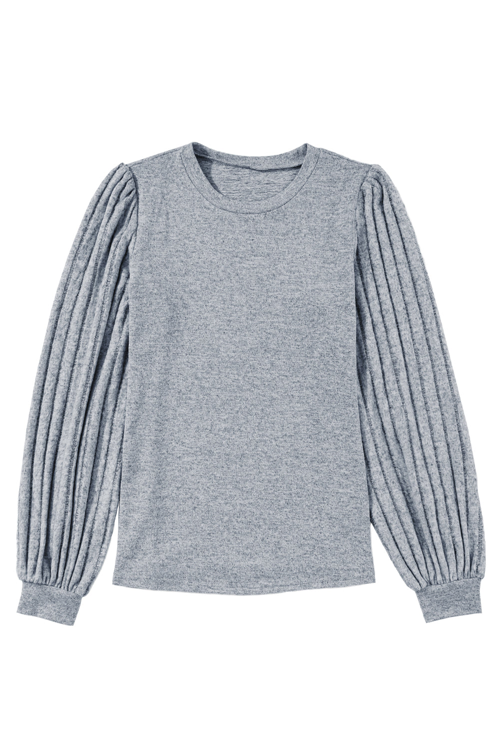 Gray Solid Color Contrast Ribbed Bishop Sleeve Top