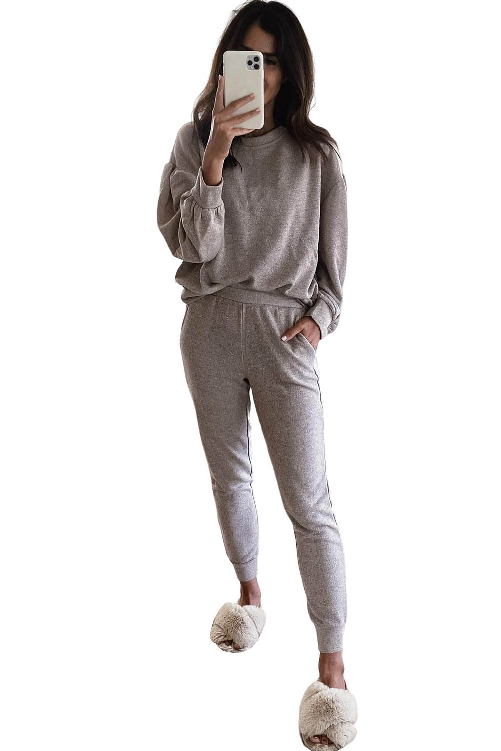 Gray Long Puff Sleeeve Pocketed Casual Two Piece Set