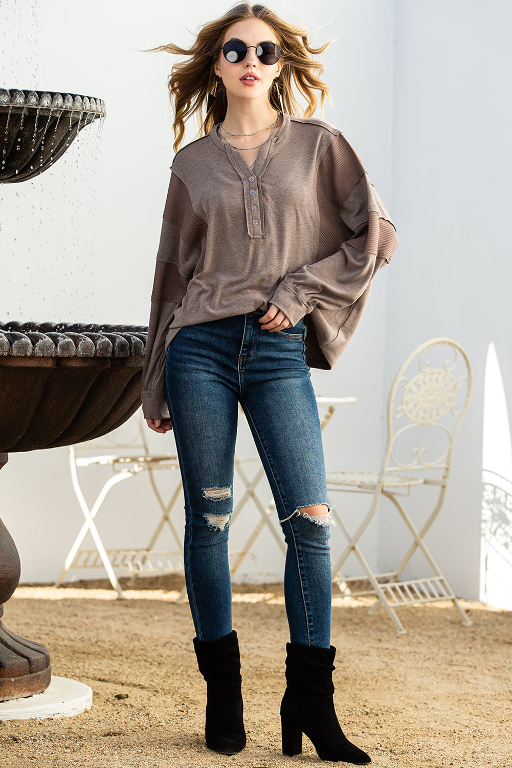 Gray Waffle Patchwork Dolman Sleeve Henley Top