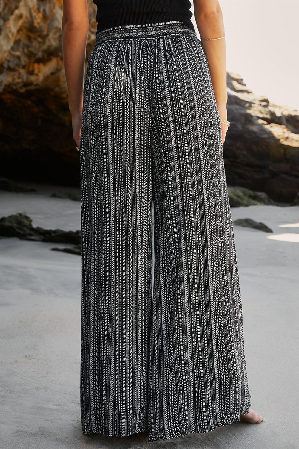 Black Striped Printed Slit Wide Leg High Waist Pants