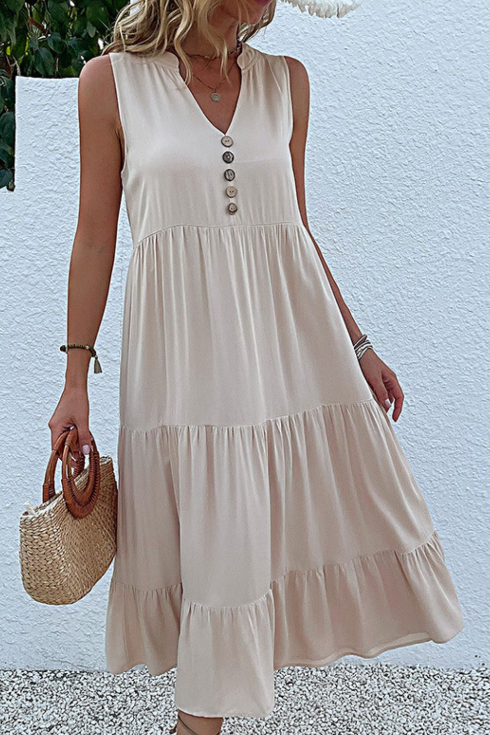 Perfee Decorative Button Sleeveless Tiered Dress