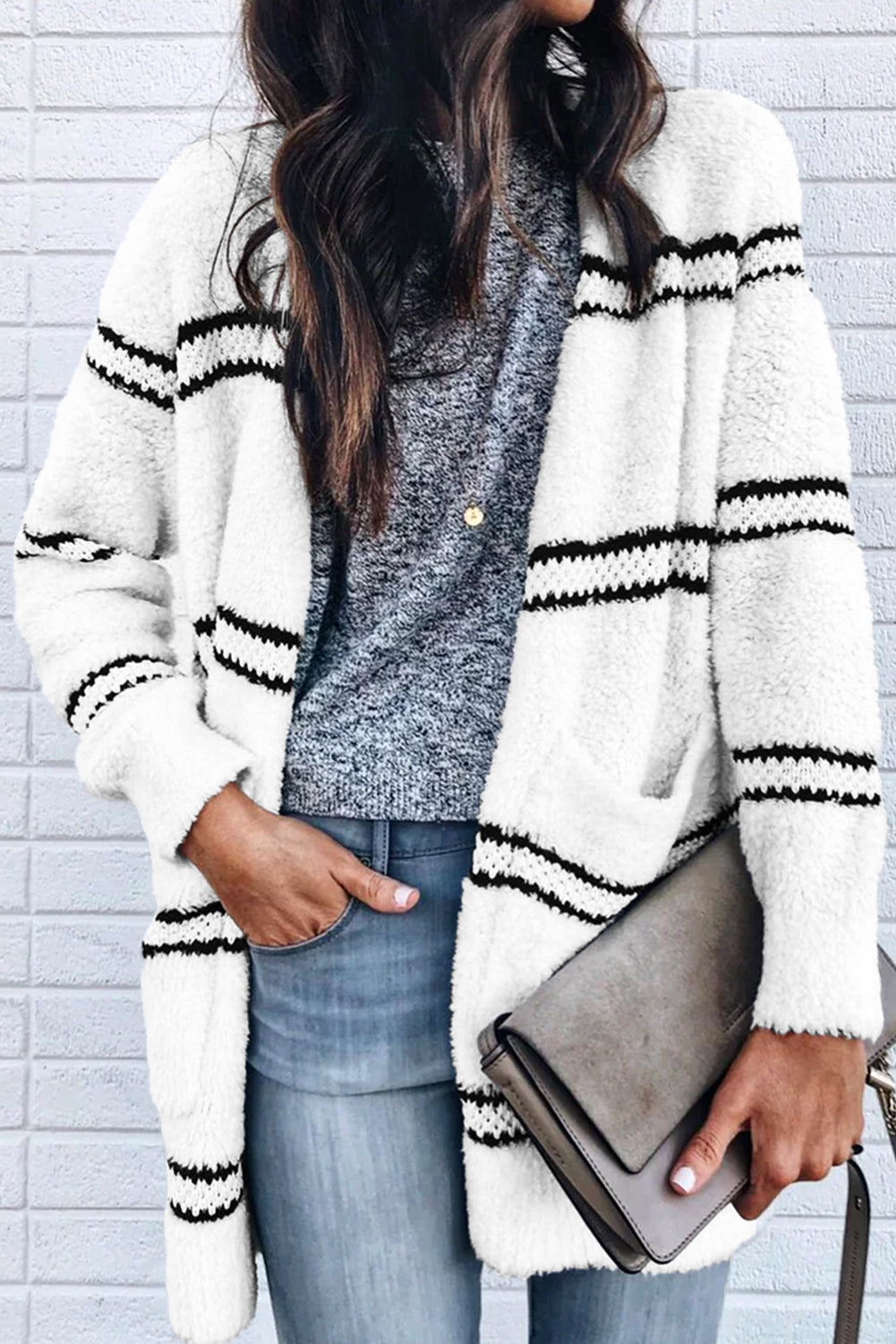 White Striped Furry Open Front Cardigan