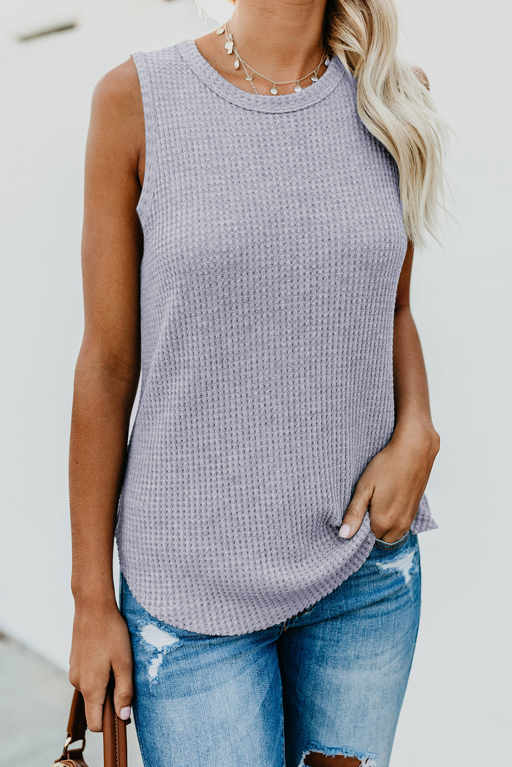 Red Basic Crew Neck Waffle Rib-Knit Tank Top