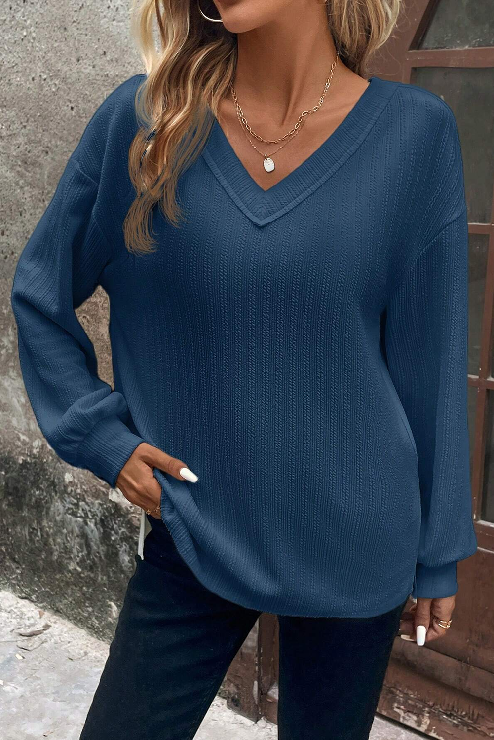 Real Teal Textured V Neck Drop Sleeve Split Top