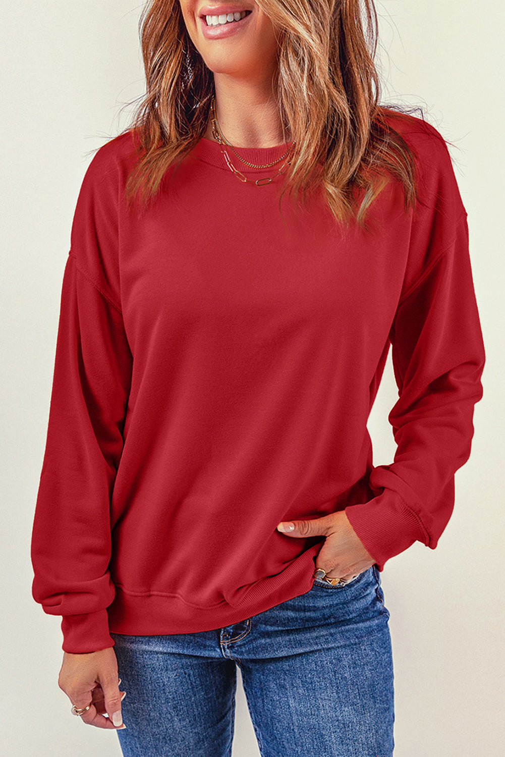 Red Plain Comfy Crew Neck Pullover Sweatshirt