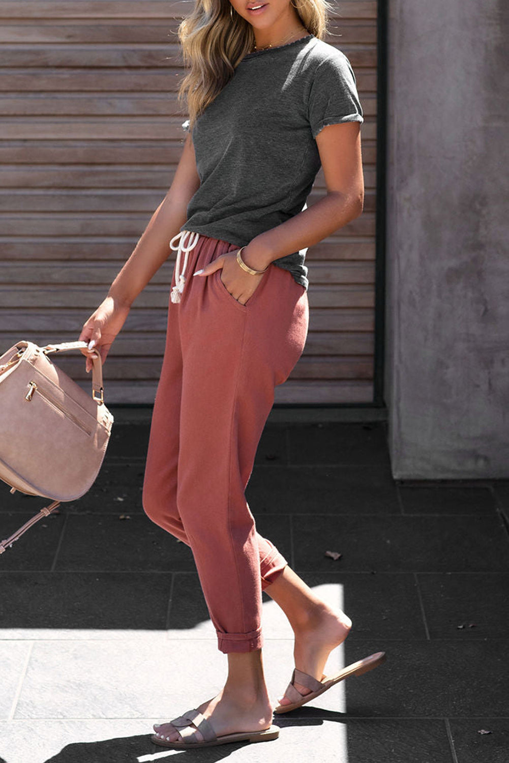 Red Solid Color Drawstring High Waisted Pants with Pockets