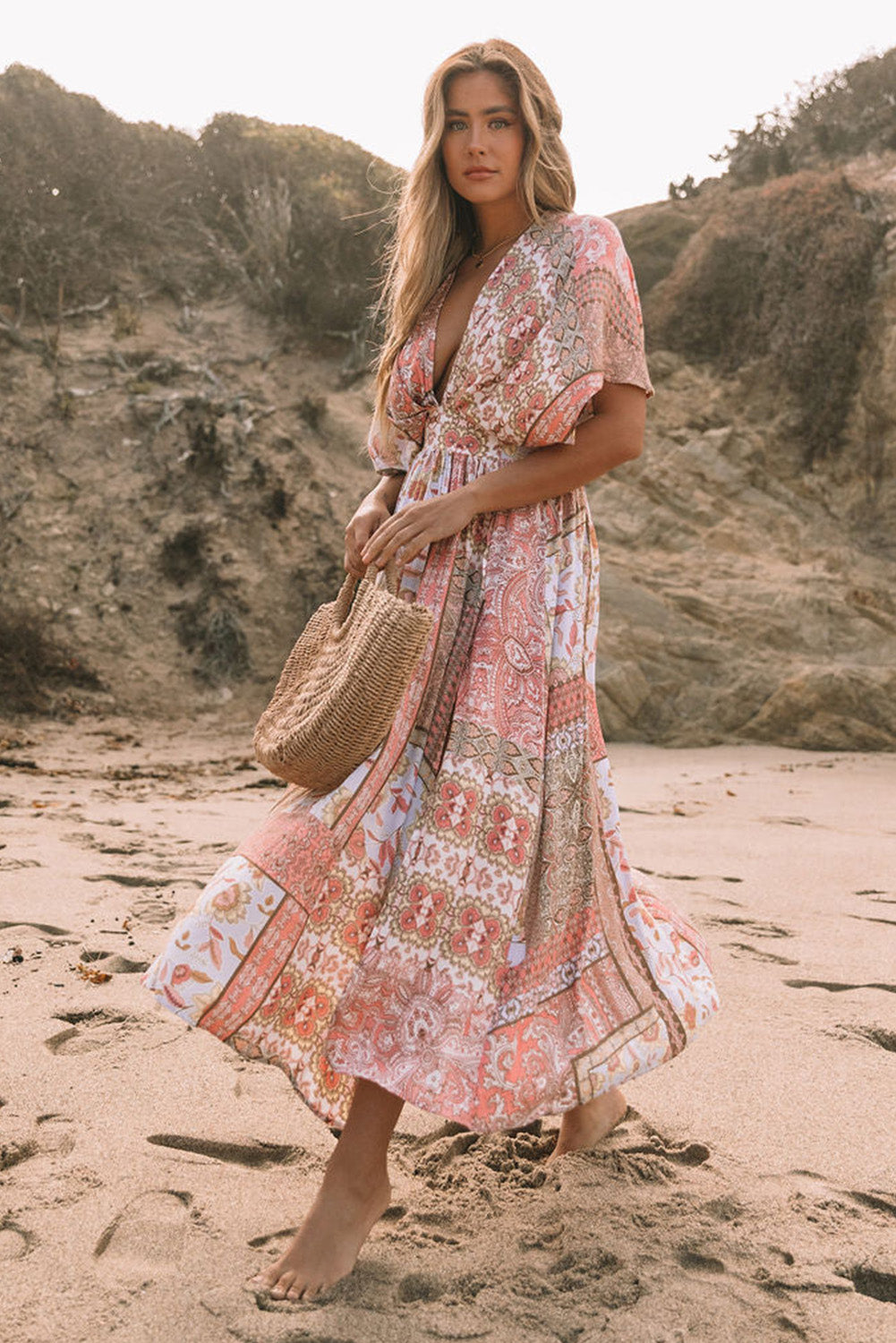 Red Boho Print Deep V Kimono Sleeves Beach Dress With Split