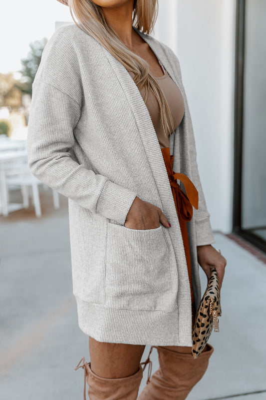 Beige Cable Knit Pocketed Open Front Long Cardigan