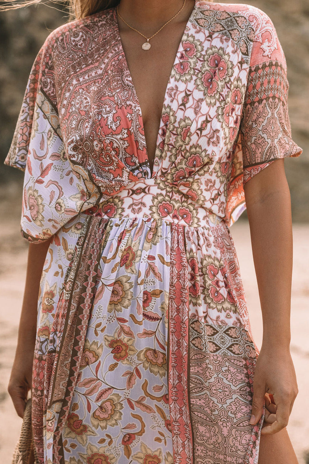 Red Boho Print Deep V Kimono Sleeves Beach Dress With Split