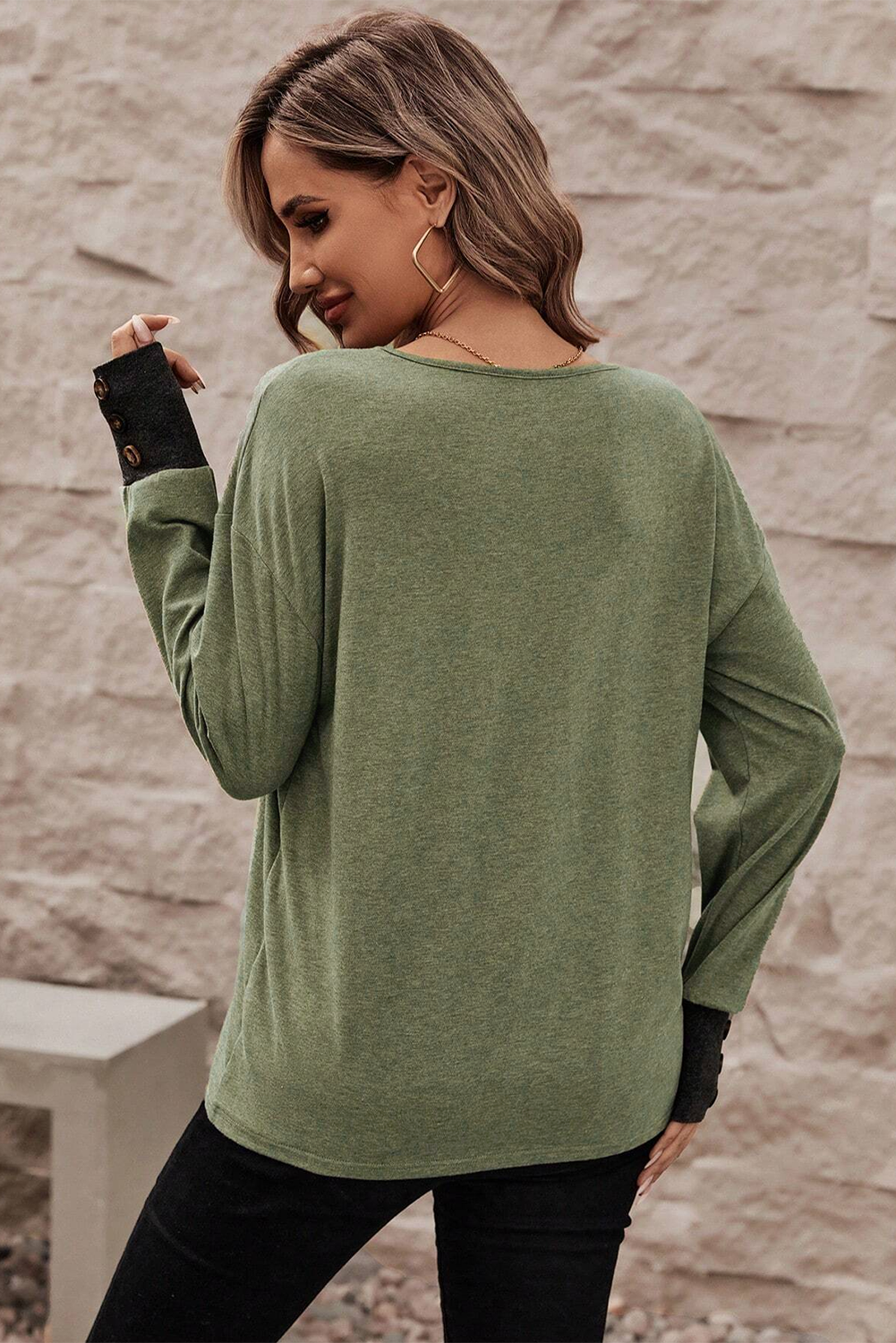 Moss Green Contrast V Neck Button Decor Long Sleeve Top