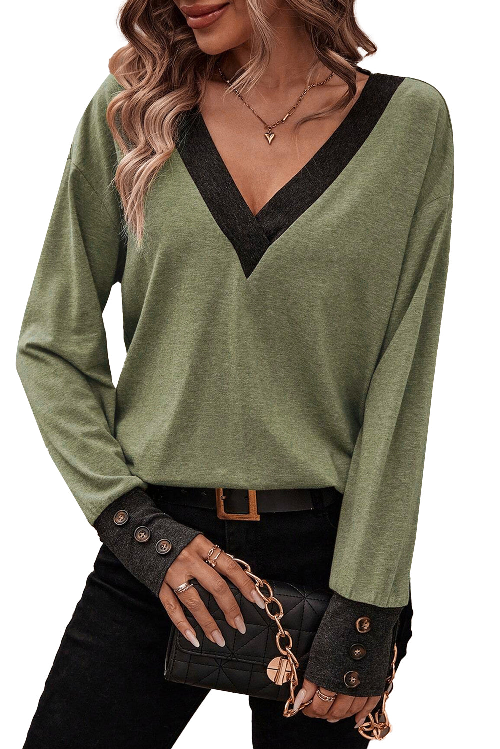 Moss Green Contrast V Neck Button Decor Long Sleeve Top