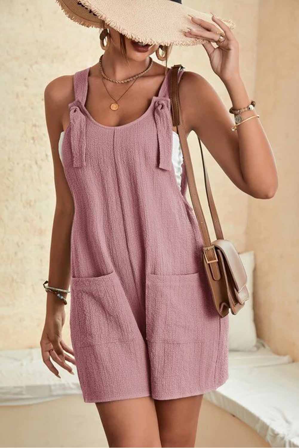 Brown Shoulder Strap Pocket Textured Romper