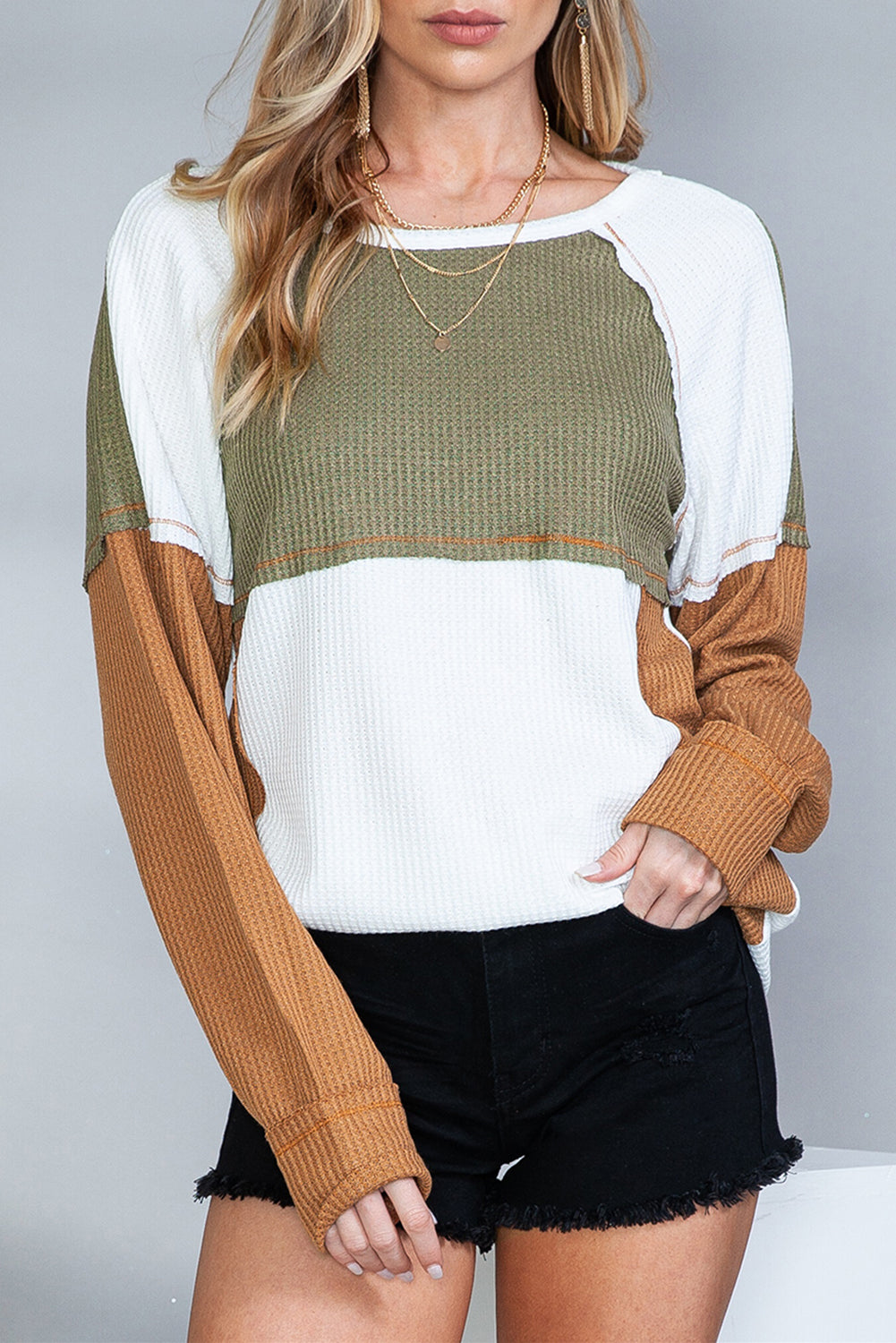 Green Waffle Knit Colorblock Patch Long Sleeve Top