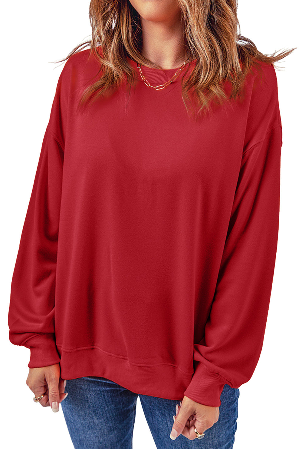 Red Plain Comfy Crew Neck Pullover Sweatshirt